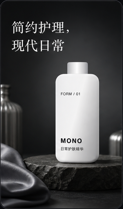 MONO 产品在深色台面上的现代日常护理视觉